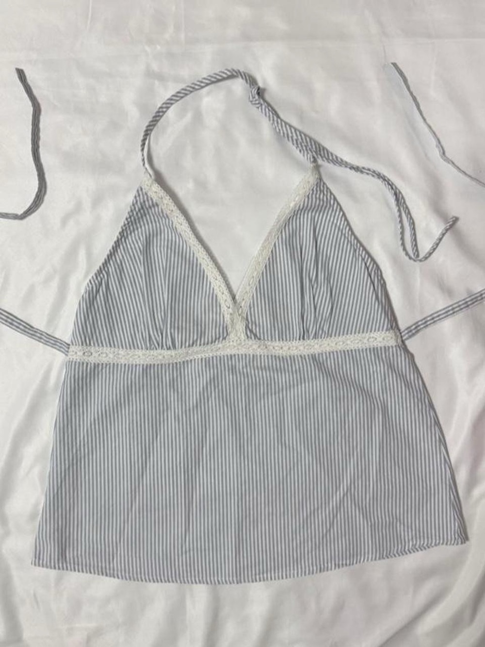 Brandy Melville white and blue Edith striped halter top with lace trim
